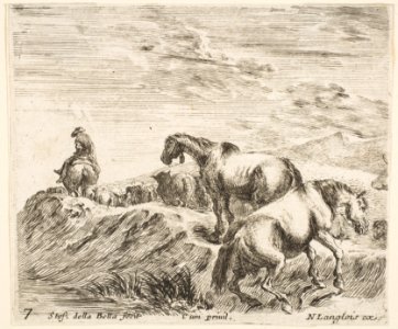 Plate 7- two horses ascending the bank of a river at right, following a procession of horses and one horseman to the left, from 'Diversi capricci' MET DP817357