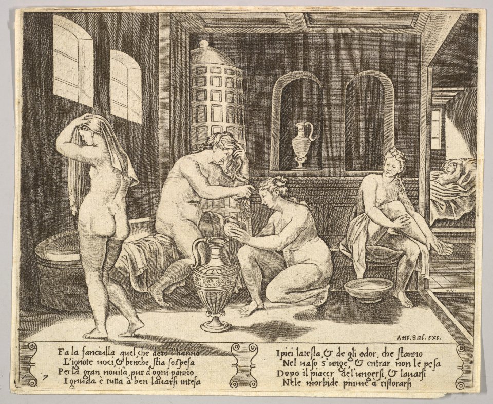 Plate 7- Psyche attended in her bath by nymphs, in the background right Psyche represented again laying in bed MET DP824495