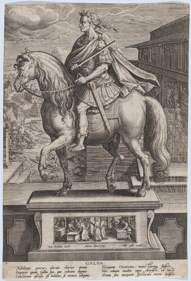 Plate 7- equestrian statue of Galba, in profile to the left, with a beheading scene in the background, from 'Roman Emperors on Horseback' MET DP877296