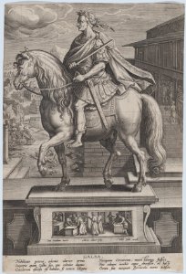 Plate 7- equestrian statue of Galba, in profile to the left, with a beheading scene in the background, from 'Roman Emperors on Horseback' MET DP877296