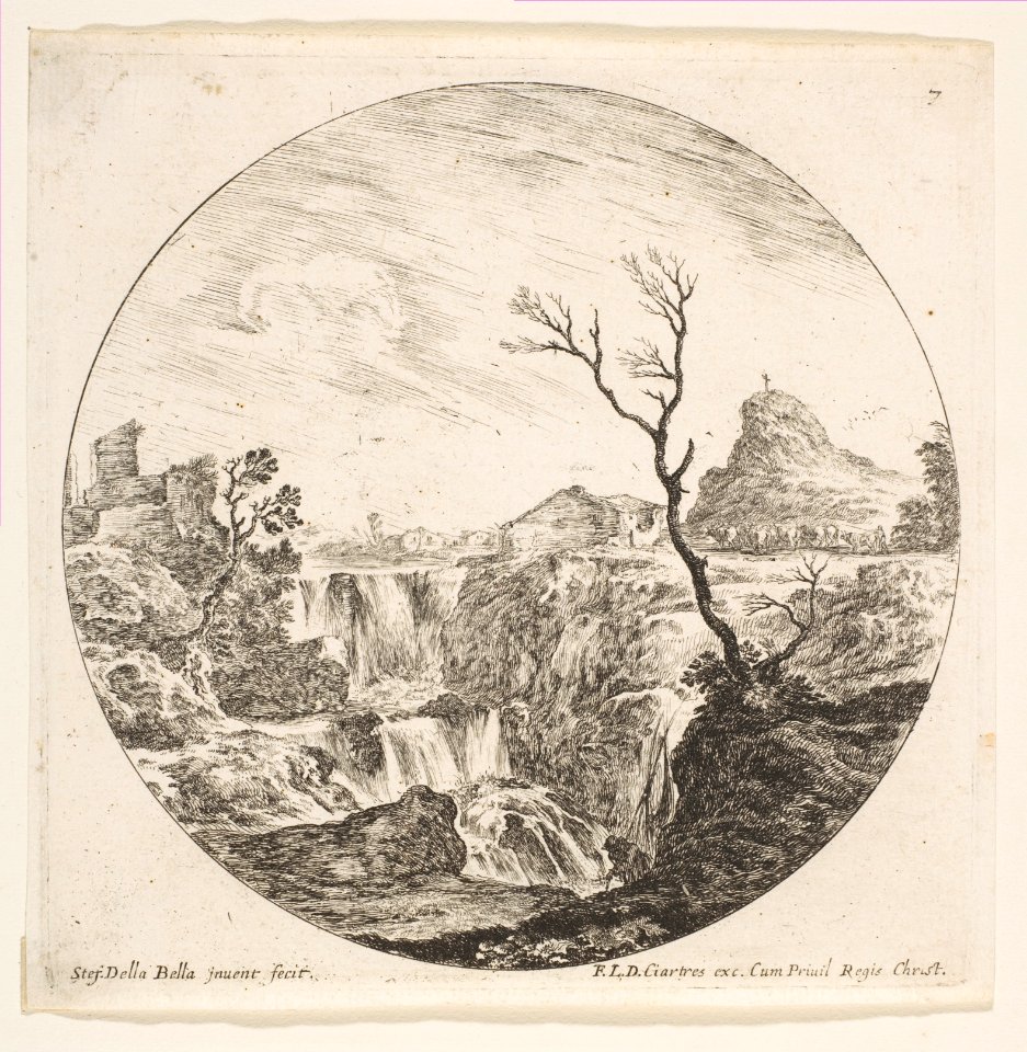 Plate 7- a triple waterfall, a dead tree to right, a mountain and a herd of cows to right in the background, a round composition, from 'Roman landscapes and ruins' (Paysages et ruines de Rome) MET DP817981