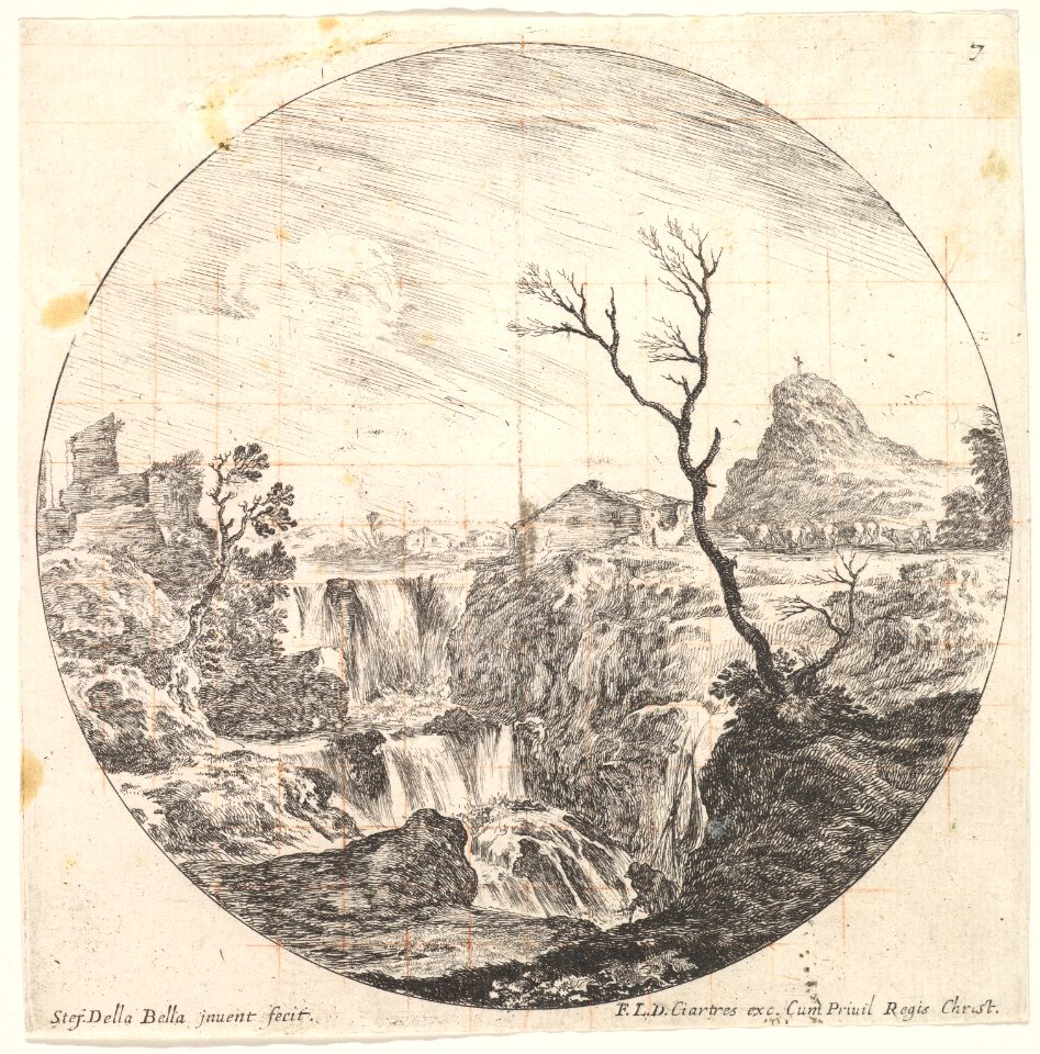 Plate 7- a triple waterfall, a dead tree to right, a mountain and a herd of cows to right in the background, a round composition, from 'Roman landscapes and ruins' (Paysages et ruines de Rome) MET DP828069