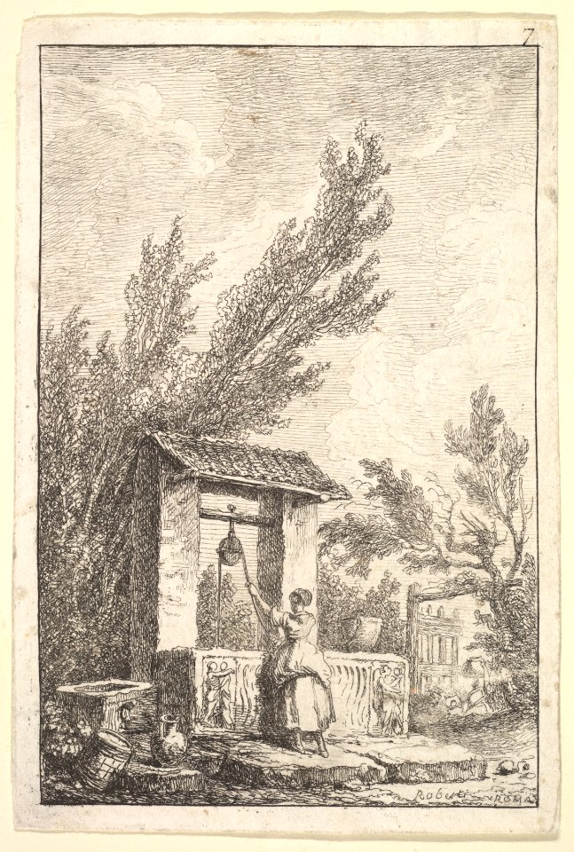Plate 7- The Well- a young woman in center, seen from behind, drawing water from a well that is decorated with reliefs from an ancient sarcophagus, from 'Les soirées de Rome' MET DP829184