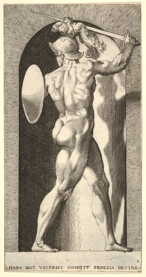 Plate 9- Mars in a niche, holding a sword above his head with his right arm, and a shield on his left arm, from a series of mythological gods and goddesses MET DP830885