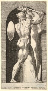 Plate 9- Mars in a niche, holding a sword above his head with his right arm, and a shield on his left arm, from a series of mythological gods and goddesses MET DP830885. Free illustration for personal and commercial use.