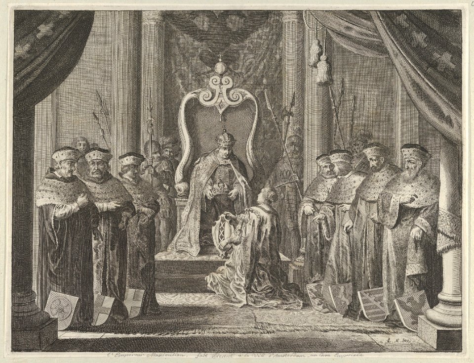 Plate 8- Emperor Maximilian II granting a crown to the coat of arms of Amsterdam, from Caspar Barlaeus, "Medicea Hospes" MET DP855429