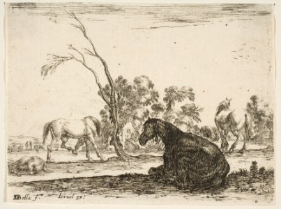 Plate 8- a seated horse to right, seen from behind and turned to the left, three other horses in middleground, a tree in center, from 'Various Figures' (Agréable diversité de figures) MET DP817405