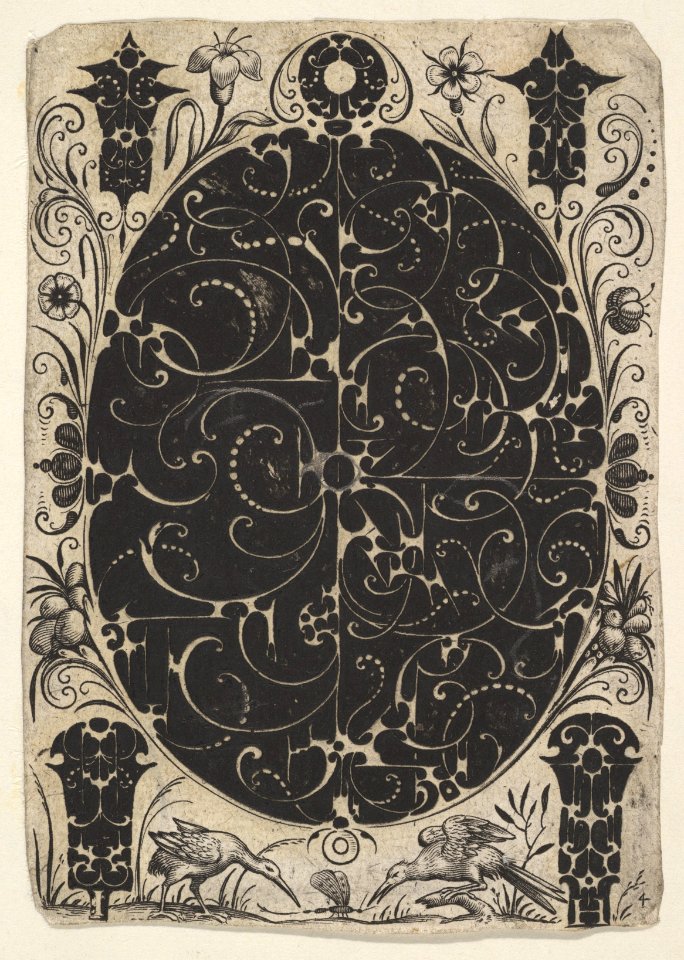 Oval Case Decorated with Schweifwerk in Two Variants, Surrounded by Smaller Motifs, Flowers and Two Birds Below MET DP826392