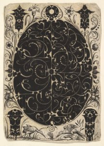 Oval Case Decorated with Schweifwerk in Two Variants, Surrounded by Smaller Motifs, Flowers and Two Birds Below MET DP826392
