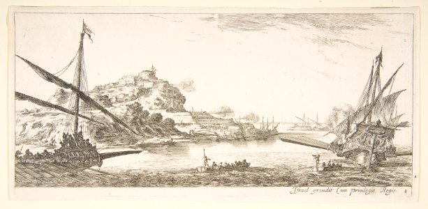 Plate 8- A the bow of a galley at left and another galley at right, seen from behind, two rowboats in center, a hill with a fortress in the background, from 'Various landscapes' (Divers paysages) MET DP817817