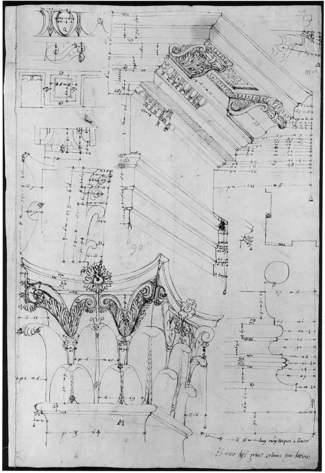 Pantheon, entablature and column pilaster capital, projection; rosette, details; capital profile; base, profile; pilaster, plan (recto) Pantheon, rectangular niche, perspective (verso) MET sf68 769 68r-MM43717