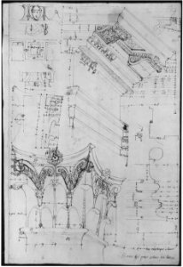 Pantheon, entablature and column pilaster capital, projection; rosette, details; capital profile; base, profile; pilaster, plan (recto) Pantheon, rectangular niche, perspective (verso) MET sf68 769 68r-MM43717