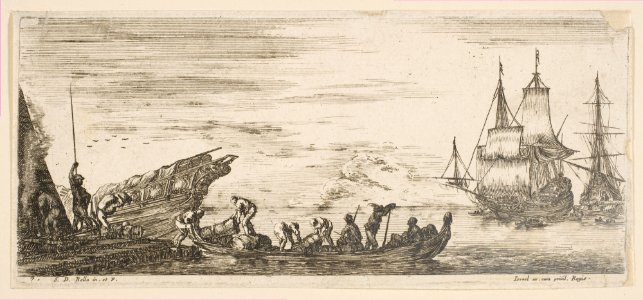 Plate 7- merchandise loaded onto a boat, two galleys in the background to right, from 'Various Embarkations' (Divers embarquements) MET DP817989