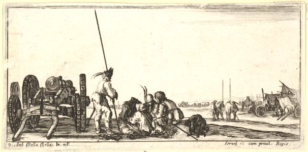 Plate 9- a chariot carrying a cannon to left, soldiers in center playing cards, from 'Troops, cannons, and attacks on towns' (Dessins de quelques conduites de troupes, canons, et ataques de villes) MET DP833207