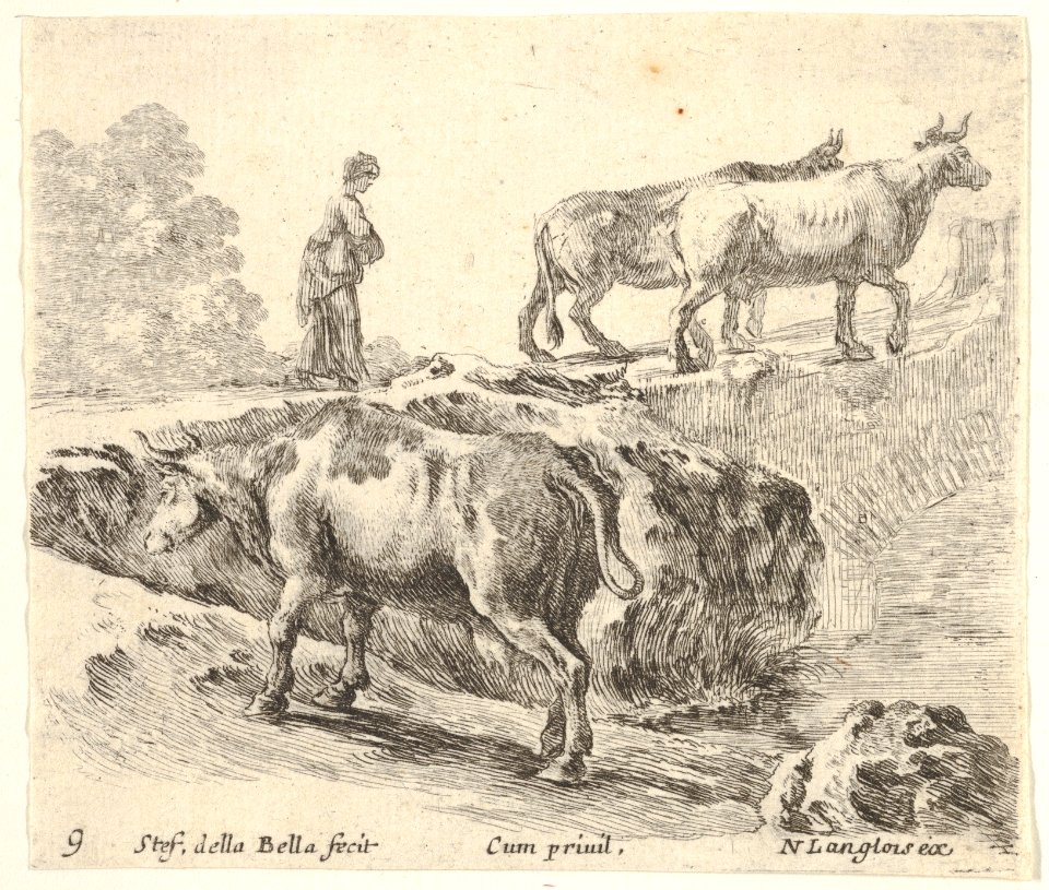 Plate 9- a cow ascending a bank, a peasant woman leading two cows across a bridge in background, from 'Diversi capricci' MET DP833186