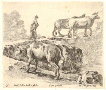 Plate 9- a cow ascending a bank, a peasant woman leading two cows across a bridge in background, from 'Diversi capricci' MET DP833186