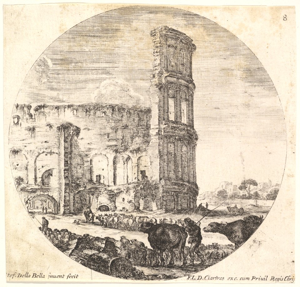 Plate 8- the Colosseum, two herds being directed towards the amphitheater in the foreground, a round composition, from 'Roman landscapes and ruins' (Paysages et ruines de Rome) MET DP828068