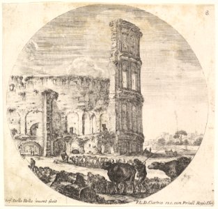 Plate 8- the Colosseum, two herds being directed towards the amphitheater in the foreground, a round composition, from 'Roman landscapes and ruins' (Paysages et ruines de Rome) MET DP828068
