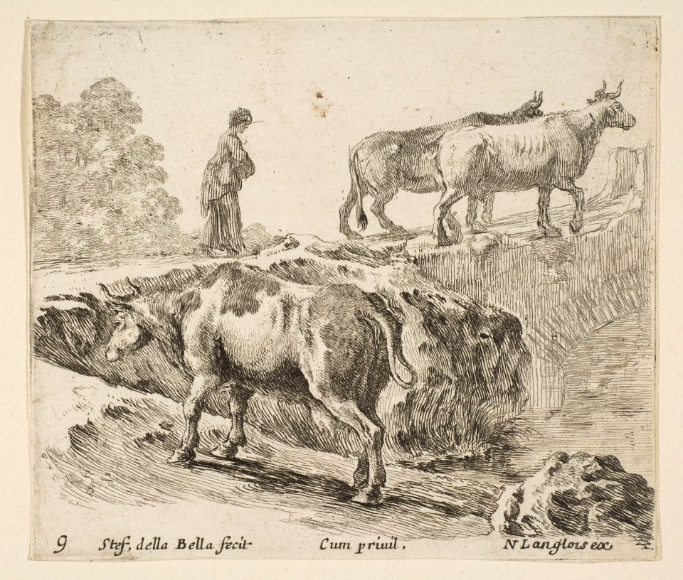 Plate 9- a cow ascending a bank, a peasant woman leading two cows across a bridge in background, from 'Diversi capricci' MET DP817409