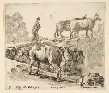 Plate 9- a cow ascending a bank, a peasant woman leading two cows across a bridge in background, from 'Diversi capricci' MET DP817409