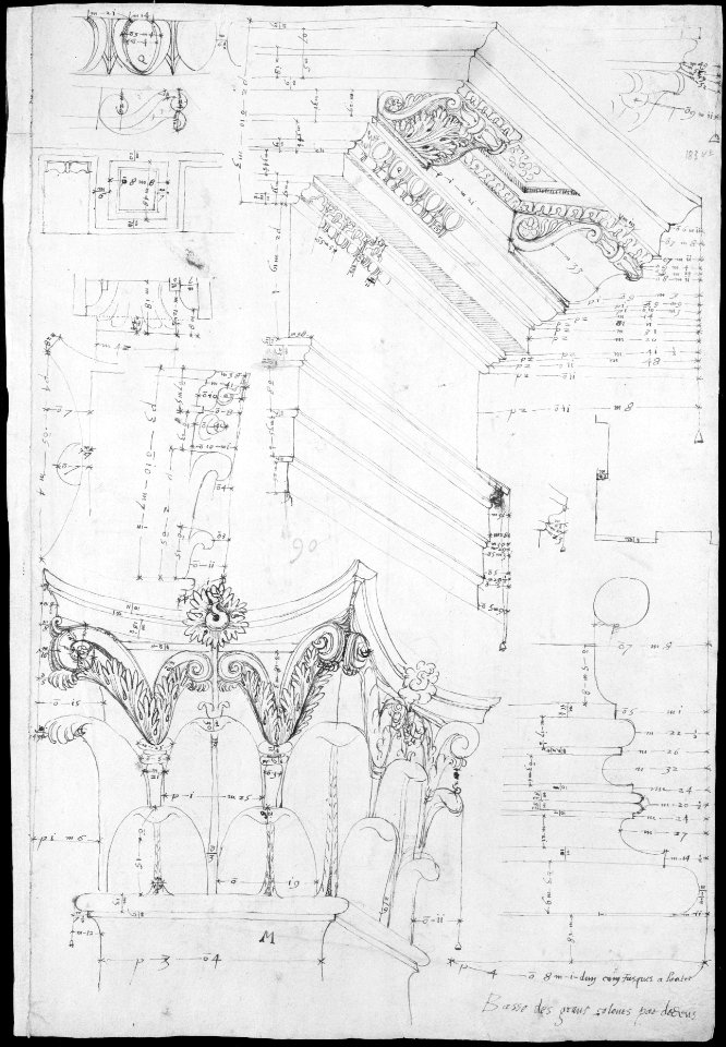 Pantheon, entablature and column pilaster capital, projection; rosette ...