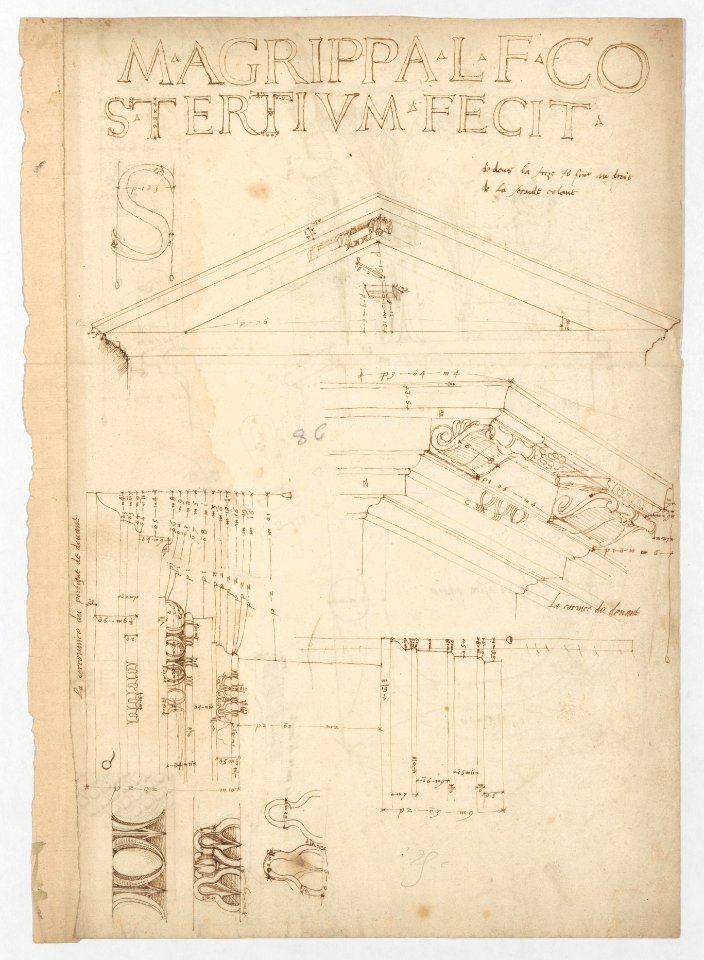 Pantheon, pediment details (recto) Pantheon, pilaster capital profile and projected elevation, column diagram, bronze door detail (verso) MET DP258597