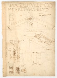 Pantheon, pediment details (recto) Pantheon, pilaster capital profile and projected elevation, column diagram, bronze door detail (verso) MET DP258597