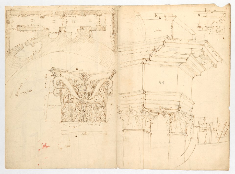 Pantheon, perspective elevation, partial plans, Corinthian pilaster capital and alcove details (recto) Pantheon, perspective sections, alcove elevations, partial plans (verso) MET DP247674