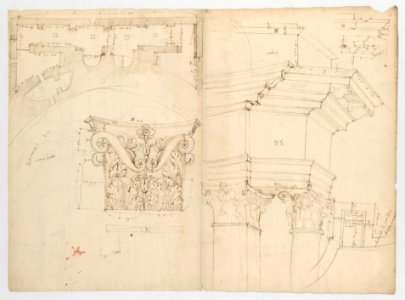 Pantheon, perspective elevation, partial plans, Corinthian pilaster capital and alcove details (recto) Pantheon, perspective sections, alcove elevations, partial plans (verso) MET DP247674