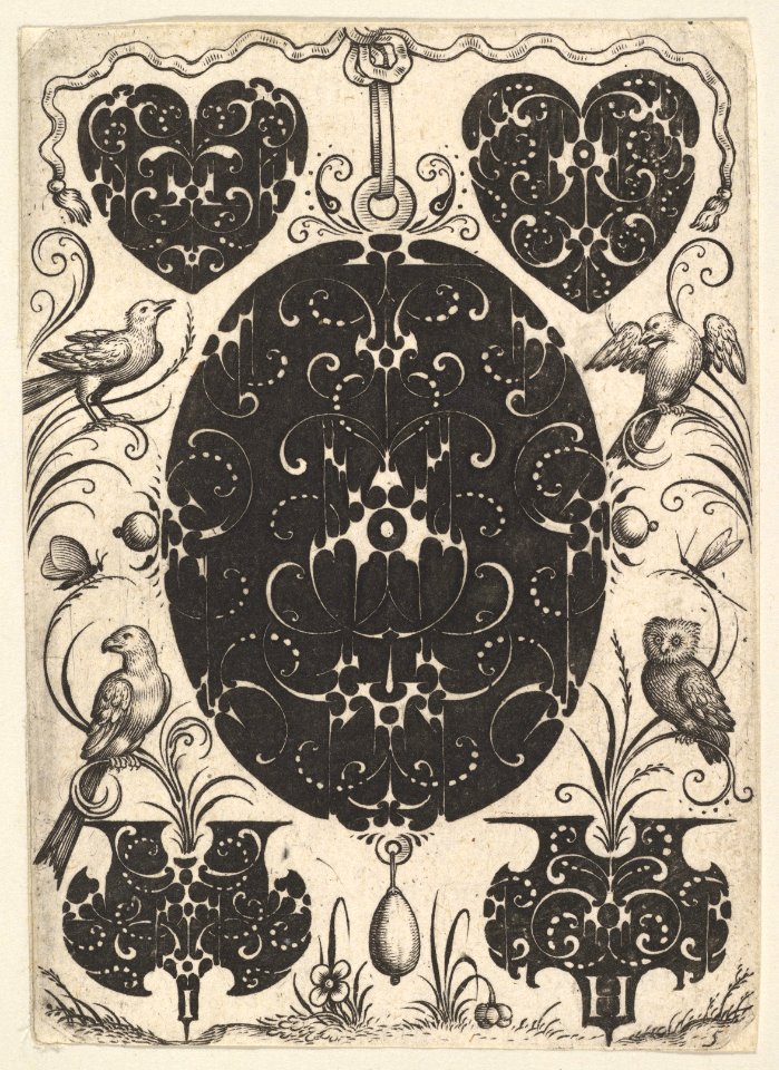 Oval Pendant Decorated with Schweifwerk, Surrounded by Smaller Motifs and Four Birds MET DP826393