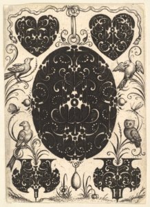 Oval Pendant Decorated with Schweifwerk, Surrounded by Smaller Motifs and Four Birds MET DP826393