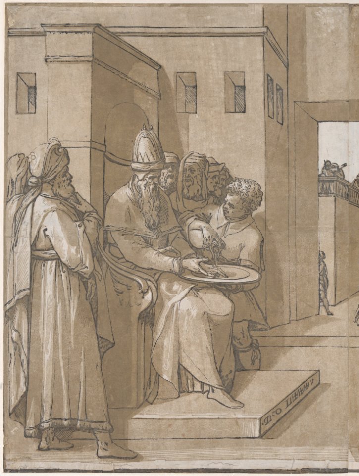 Pilate at the left washing his hands (left side of sheet) MET DP875557