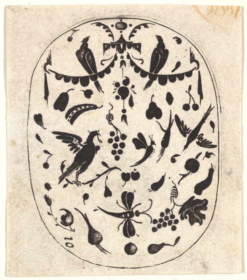 Oval Blackwork Print with Birds, Insects and Fruits MET DP827196