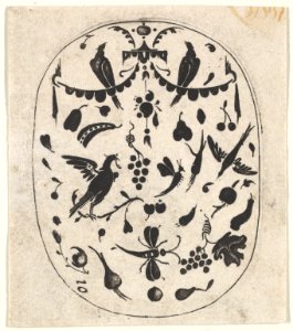 Oval Blackwork Print with Birds, Insects and Fruits MET DP827196