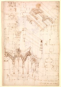 Pantheon, entablature and column pilaster capital, projection; rosette, details; capital profile; base, profile; pilaster, plan (recto) Pantheon, rectangular niche, perspective (verso) MET DP302102