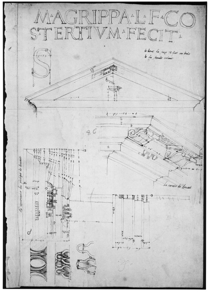Pantheon, pediment details (recto) Pantheon, pilaster capital profile and projected elevation, column diagram, bronze door detail (verso) MET sf68 769 02r-MM43610