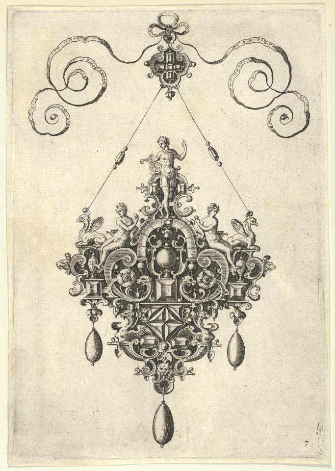 Pendant Design with Apollo Standing on an Arch Flanked by Female Figures Holding Fruit MET DP837424