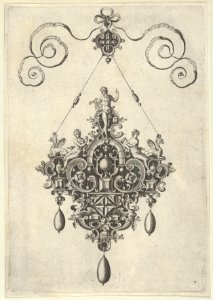 Pendant Design with Apollo Standing on an Arch Flanked by Female Figures Holding Fruit MET DP837424