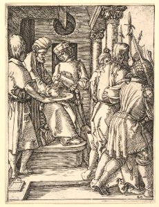 Pilate sitting on throne and washing hands while Christ is lead away by henchmen MET DP820325
