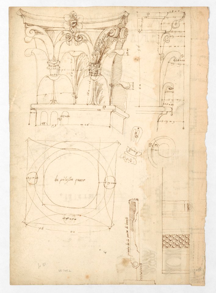 Pantheon, pediment details (recto) Pantheon, pilaster capital profile and projected elevation, column diagram, bronze door detail (verso) MET DP247622
