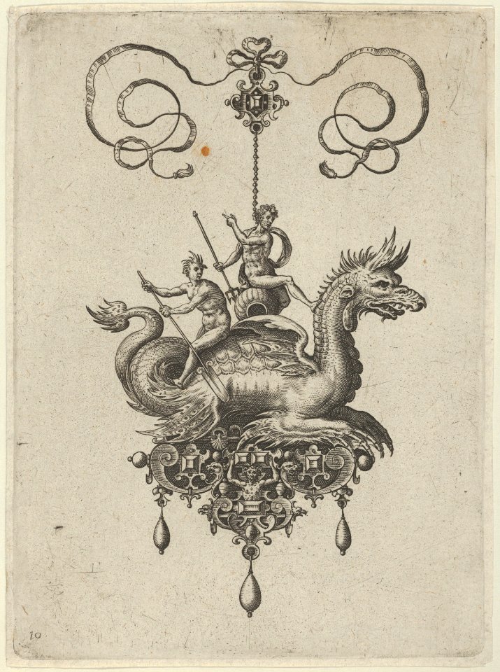 Pendant Design with a Sea Monster Carrying Neptune on an Urn Beside a River-God with an Oar MET DP837415