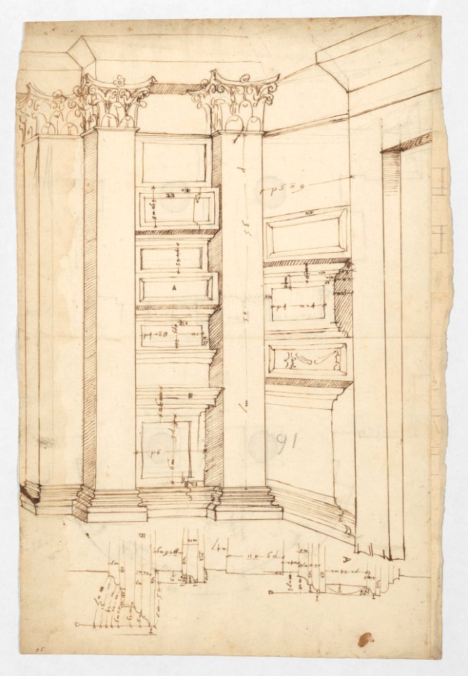 Pantheon, vestibule, perspective; panel moulding, profiles (recto) Pantheon, rectangular niche, plan; half round niche, plan (verso) MET DP247634