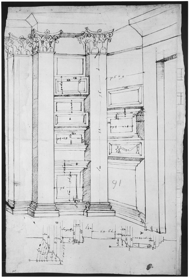 Pantheon, vestibule, perspective; panel moulding, profiles (recto) Pantheon, rectangular niche, plan; half round niche, plan (verso) MET sf68 769 06r-MM43618