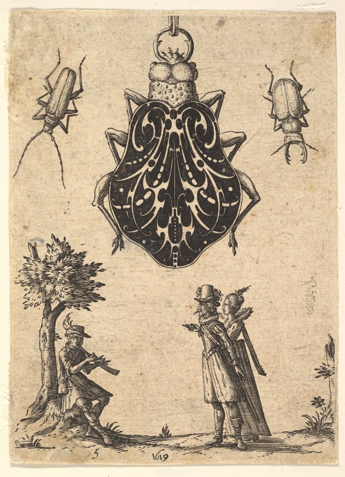 Pendant Shaped like a Beetle with a Couple and a Young Man Playing an Instrument MET DP823431
