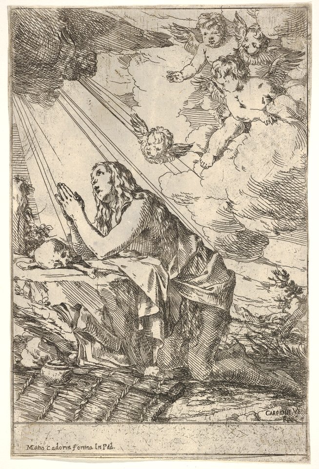 Penitent Magdalen kneeling on a rocky ground before a skull and bones, an ointment jar lies in the left foreground, rays of light and winged putti descend from above MET DP832196