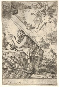 Penitent Magdalen kneeling on a rocky ground before a skull and bones, an ointment jar lies in the left foreground, rays of light and winged putti descend from above MET DP832196
