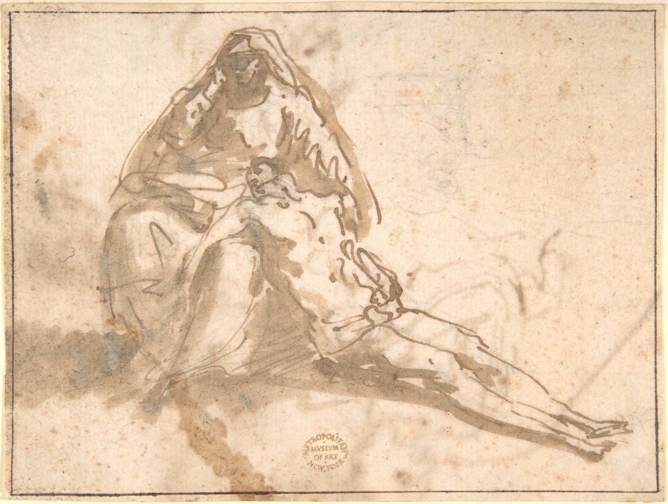 Pietà (recto); Sketches of Kneeling Figures, Putto (verso) MET DP802250