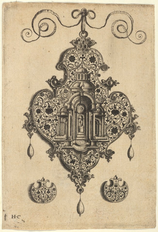 Pendant Design with a Domed Church and Urn Above Axe-Shaped Ornaments MET DP837377