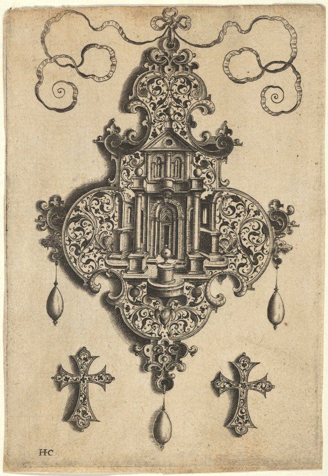 Pendant Design with a Temple and Vase Above Cross-Shaped Ornaments MET DP837381