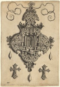 Pendant Design with a Temple and Vase Above Cross-Shaped Ornaments MET DP837381